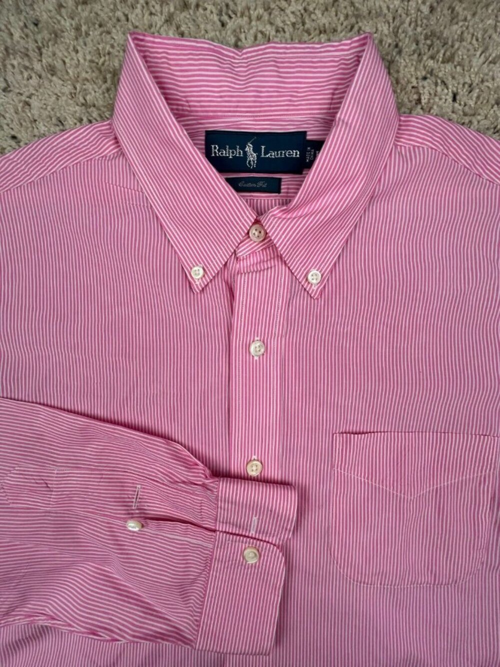 Ralph Lauren Button Up Shirt Cotton Size Large Pink White Striped Custom Fit Men